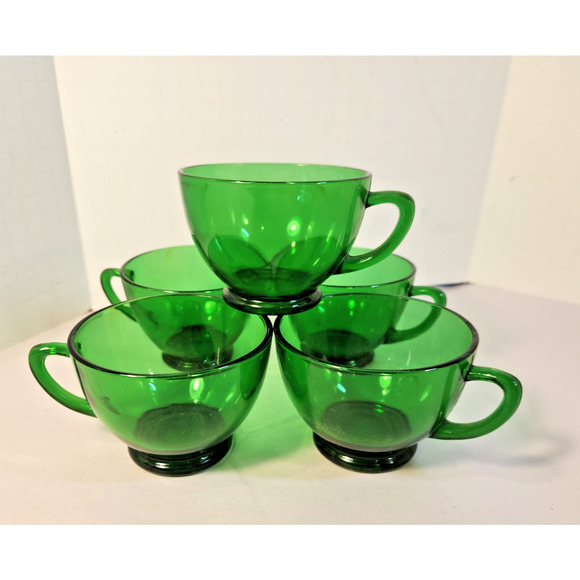 Anchor Hocking Forest Green Glass Coffee Punch Snack Cups Set of 5 1950's - Picture 1 of 5